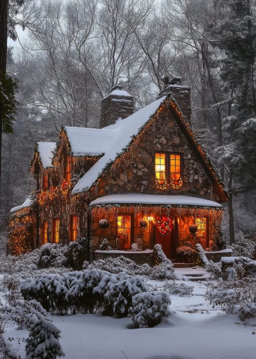 Charming stone cottage illuminated by warm lights in a snowy winter landscape at twilight A picturesque stone cottage stands warmly lit against a blanket of fresh snow. Surrounded by snow-laden trees and festive lights, the scene captures the beauty of a tranquil winter evening, evoking a feeling of cozy comfort.